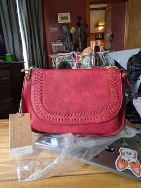 Ampere Creations Red Woven Flap Crossbody Bag - vegan leather